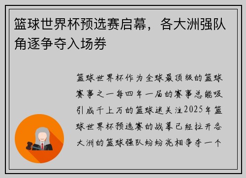 篮球世界杯预选赛启幕，各大洲强队角逐争夺入场券