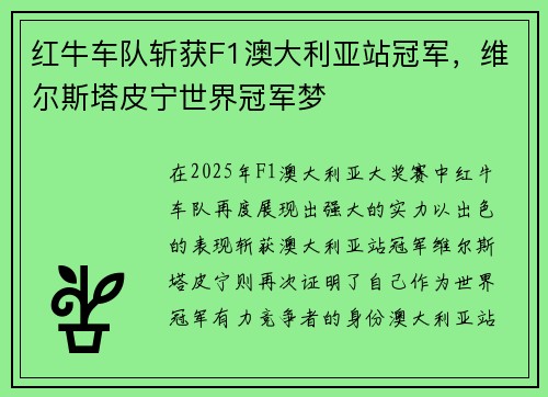 红牛车队斩获F1澳大利亚站冠军，维尔斯塔皮宁世界冠军梦